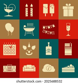 Set Cake, Open cigarettes pack box, Glass of champagne, Ice cream, Barbecue grill, Balloons with ribbon, Martini glass and Carnival garland flags icon. Vector