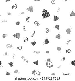 Set Cake, Photo camera, Balloons with ribbon and Carnival garland flags on seamless pattern. Vector