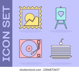 Set Cake, Picture landscape, Vinyl player with a vinyl disk and Wood easel or painting art boards icon. Vector