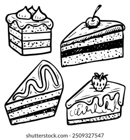 Set of cake pieces hand drawn doodle. Pie with filling. Sweet biscuit dessert food. Confectionery sugar pastry. Bakery product. Baked cake with cream. Vector outline line art illustration.
