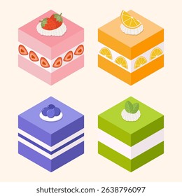Set of cake pieces. Various kinds of colorful cake slices. Vector illustration sweet dessert of strawberry, orange, blueberry and matcha cakes.