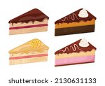 Set of cake pieces. Vector illustration. Cake with fruit, chocolate, frosting and whipped cream. Cute design element for party invitation, congratulation, birthday cards or bakery, pastery, menu, cafe