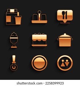 Set Cake, Plate, Toilet, Cooking pot, Pizza knife, Ice cream bowl, Cafe and restaurant location and Online ordering delivery icon. Vector