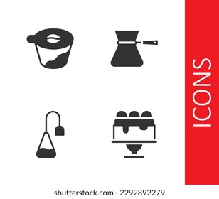 Set Cake, Pour over coffee maker, Tea bag and Coffee turk icon. Vector