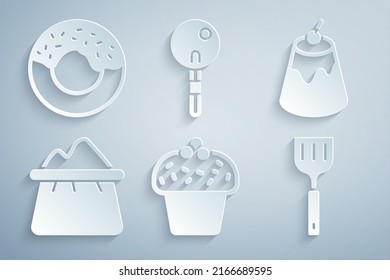 Poner pasteles, crema de morcilla, bolsa de harina, espátula, lollipop y icono de Donut. Vector