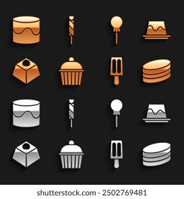 Set Cake, Pudding custard, Brownie chocolate cake, Ice cream, Lollipop,  and Candy icon. Vector