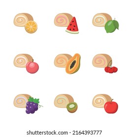 Set of cake rolls with fruit flavored cream, high calorie delicious sweet dessert, vector illustration, isolated on white background