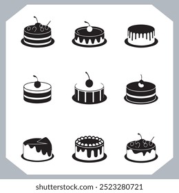 Set of cake silhouette, symbol of the cake holiday, birthday, anniversary, wedding, festive, Birthday cake icons set