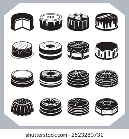 Set of cake silhouette, symbol of the cake holiday, birthday, anniversary, wedding, festive, Birthday cake icons set