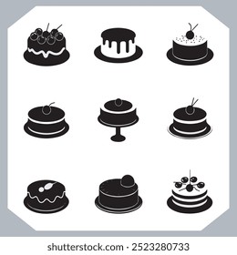 Set of cake silhouette, symbol of the cake holiday, birthday, anniversary, wedding, festive, Birthday cake icons set