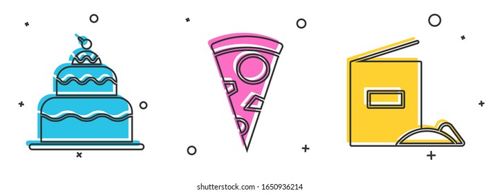 Set Cake , Slice of pizza  and Flour pack  icon. Vector