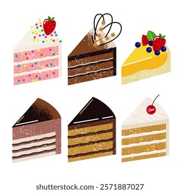 set of cake slices, six variants isolated on a white background. flat stylized drawing with textures and linear elements. stock vector illustration. EPS 10.