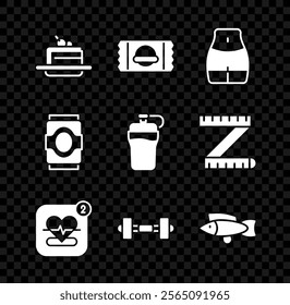 Set Cake, Sports nutrition, Women waist, Mobile with heart rate, Dumbbell, Fish, Soda can and Fitness shaker icon. Vector