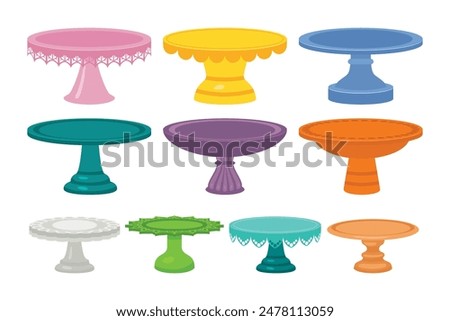 Set of cake stand collection, Empty trays for fruit, desserts, or wedding party,  colorful Empty cake stand multicolored, Wedding ceremony and tea cake platter, stand or tray, vector illustration.