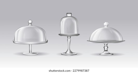 Set of cake stand.3d realistic vector icon illustration. Transparent glass cloche.