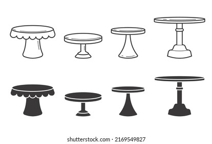 Set of cake stands in flat icon style. Empty trays for fruit and desserts. Vector silhouette and outline illustration. svg