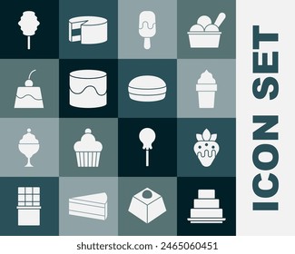 Set Cake, Strawberry in chocolate, Ice cream waffle cone, Pudding custard, Cotton candy and Macaron cookie icon. Vector