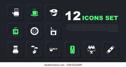 Set Cake, Sugar stick packets, Donut, Coffee thermometer, Espresso tonic coffee, beans, cup and filter holder icon. Vector