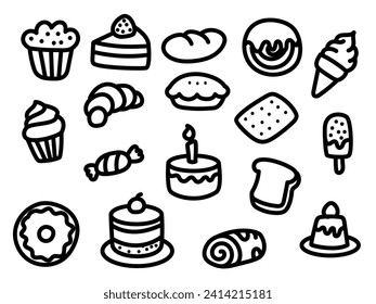 Set of cake and sweets doodles on a white background. Hand-drawn cakes and sweets vector illustration
