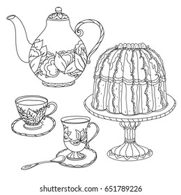 Set of Cake, tea pot and sweets and doodle with cups. Hand drawn vector illustration. Sketch for adult relax coloring anti stress book. Zen art collection boho style.