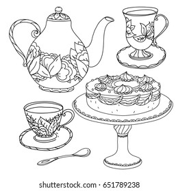 Set of Cake, tea pot and sweets and doodle with cups. Hand drawn vector illustration. Sketch for adult relax coloring anti stress book. Zen art collection boho style.