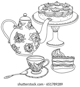 Set of Cake, tea pot and sweets and doodle with cups. Hand drawn vector illustration. Sketch for adult relax coloring anti stress book. Zen art collection boho style.