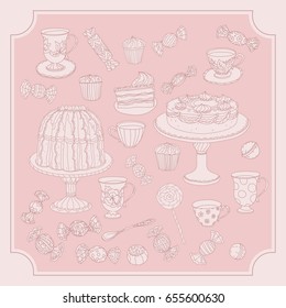 Set of Cake, tea pot and sweets and doodle with cups. Hand drawn vector illustration. Design for cafe, party, tea, invitations design element. pastel pink colors