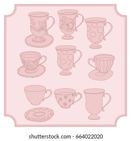 Set of Cake, tea pot and sweets and doodle with cups. Hand drawn vector illustration. Design for cafe, party, tea, invitations design element. pastel pink colors