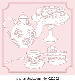 Set of Cake, tea pot and sweets and doodle with cups. Hand drawn vector illustration. Design for cafe, party, tea, invitations design element. pastel pink colors