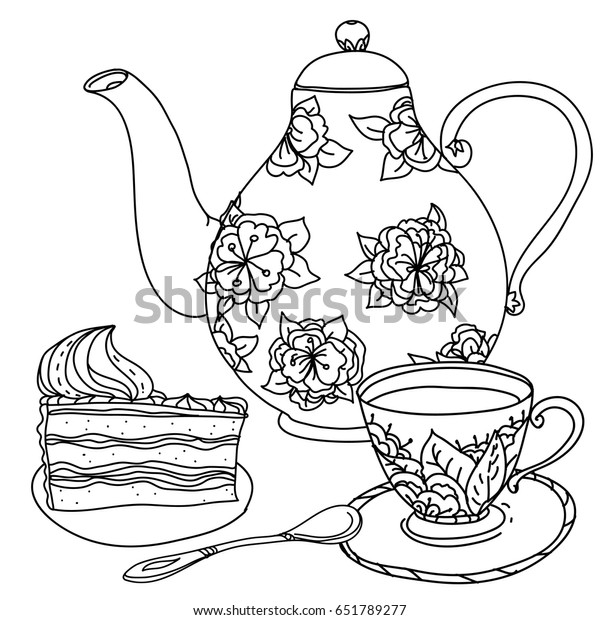 Download Set Cake Tea Pot Sweets Doodle Stock Vector (Royalty Free) 651789277