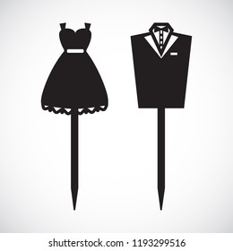 Set of cake toppers. Laser cut template of wedding сard with bride and groom clothes. Table sign with silhouette of bridal dress, tuxedo. Vector Valentine's day decoration. Paper cutout holiday outfit