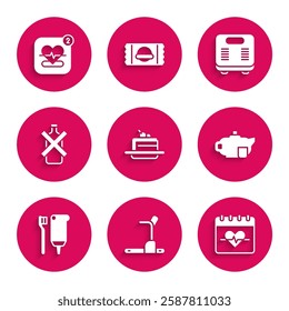 Set Cake, Treadmill machine, Heart rate, Teapot with cup, Toothbrush and toothpaste, No alcohol, Bathroom scales and Mobile heart icon. Vector