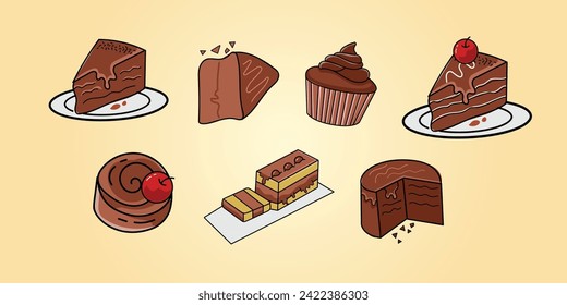 set of cake vector illustrations set isolated on light yellow background. With several types of chocolate cake. Suitable for holidays such as Mother's Day and birthdays.