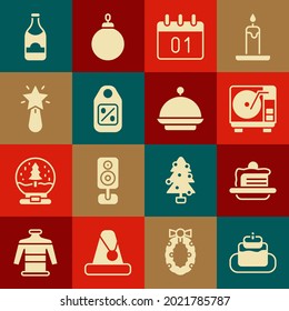 Set Cake, Vinyl player with vinyl disk, Calendar, Price tag Sale, Christmas star, Champagne bottle and covered tray icon. Vector