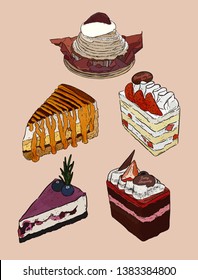 Set of cake,mont blanc, banoffee, strawbeey fresh cream layer cake, blueberry cheese cake and chocolate berry cake. Hand drawn sketch vector.