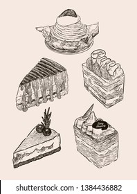 Set of cake,mont blanc, banoffee, strawbeey fresh cream layer cake, blueberry cheese cake and chocolate berry cake. Hand draw sketch vector.