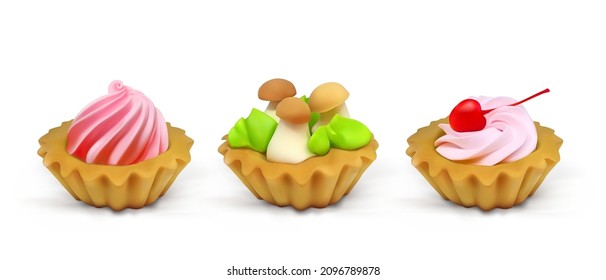 Set of cakes baskets with cream on white background. Realistic vector food illustration