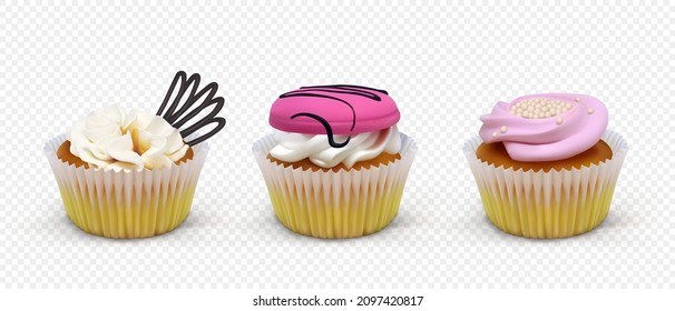 Set of cakes baskets with cream on transparent background. Realistic vector food illustration