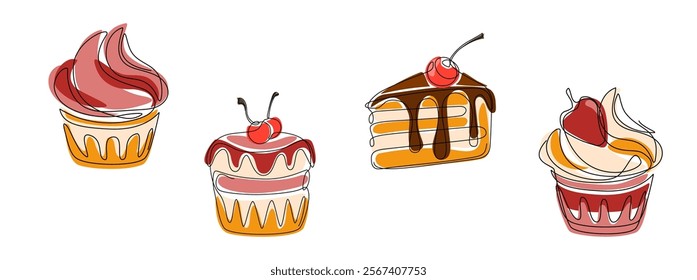 Set of cakes with berries in Continuous line drawing style. Single one line style drawing of muffin, cupcakes and cake slice with colored shapes. Sweet pastry Hand drawn Doodle concept editable stroke