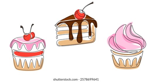 Set of cakes with berries in Continuous line drawing style. Single one line style drawing of muffin, cupcakes and cake slice with colored shapes. Sweet pastry Hand drawn Doodle concept editable stroke