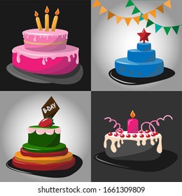 A set of cakes for birthday and other celebration. Vector illustration of sweets in cartoon style. For greeting card, banner, poster. Cake candle with candles, strawberries, lights.