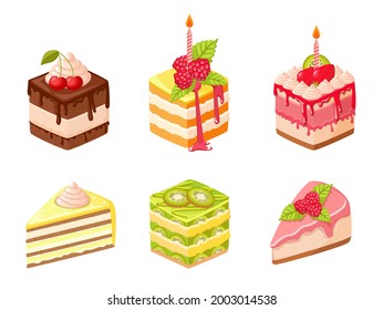 Set of Cakes with Candles, Fruits, Berries and Whipped Cream. Birthday Confectionery Dessert, Pies, Pastry, Bakery or Patisserie Production. Sweets or Cupcake with Topping. Cartoon Vector Illustration