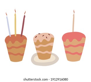 Set Of Cakes With Candles. Holiday Cooking Icons In A Flat Style For Decorating, Anniversaries, Weddings, Birthdays, Children's Parties. Hand Drawn Vector Illustration For Card, Banner, Shops. 