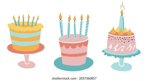 Un juego de pasteles con velas. Pasteles en un estrado. Cumpleaños. dibujos animados, colores pastel. tarjetas de felicitación, ilustración vectorial