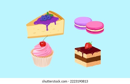 Set of cakes, cheesecakes, desserts, flat style, illustration isolated on blue.