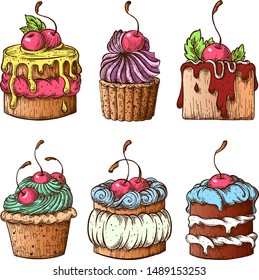 Set of cakes with cherries.