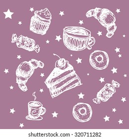 set of cakes and coffee sketch vector