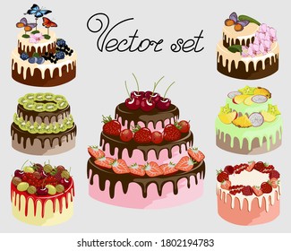 Set of cakes in color illustration.Colored set of cakes with decorations.