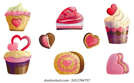 Set de pasteles y galletas con corazones para el Día de San Valentín, una deliciosa colección para las fiestas del 14 de febrero, ilustraciones en un estilo de dibujos animados planos para decorar un menú dulce en un restaurante