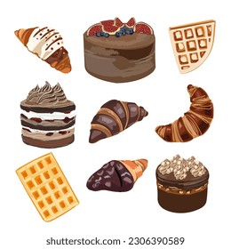 A set of cakes, croissants, and waffles. Design elements for the d cor menu, confectionery, website, etc. Vector illustration, Cartoon style.